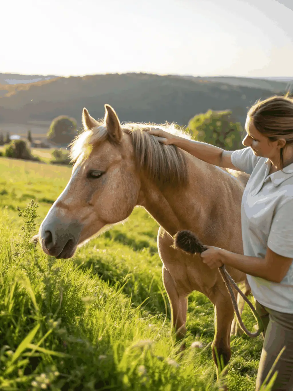 A volunteer assisting with horse grooming and stable maintenance, showcasing the volunteer opportunities available at Equi-Voyage.