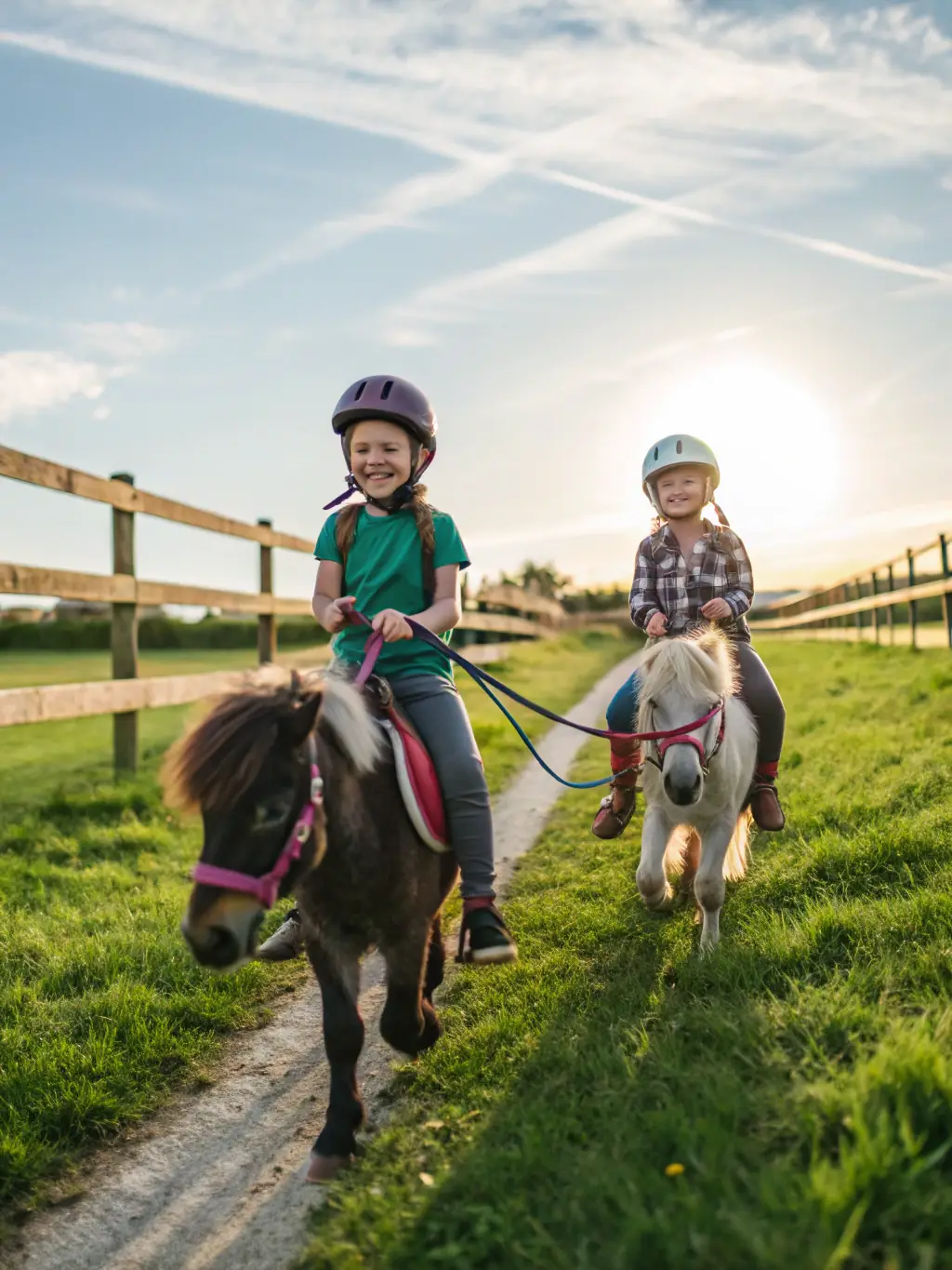 A group of children happily interacting with ponies in a safe, enclosed arena, supervised by instructors, showcasing the introductory pony care program.
