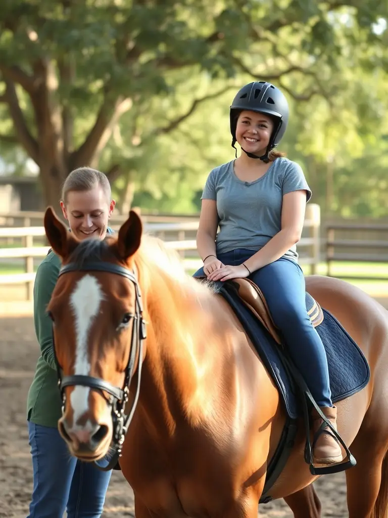 A person with a disability participating in a therapeutic riding session, guided by trained professionals, demonstrating the inclusive equestrian workshops.