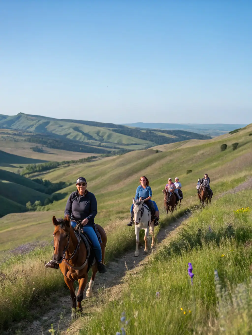 A group of teenagers on horseback riding through a scenic trail in the countryside, highlighting the equestrian touring activities.