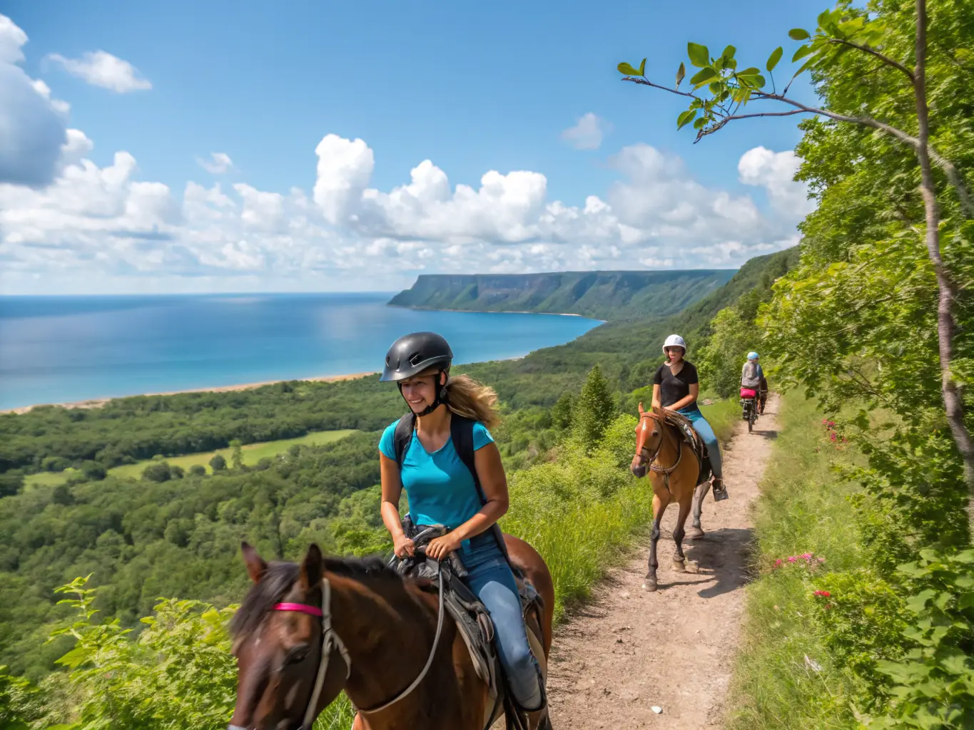 A scenic image of a group of people on horseback riding through a lush forest trail during an EQUI-VOYAGE outdoor adventure. The focus is on the natural beauty of the surroundings and the sense of freedom and exploration experienced by the participants.