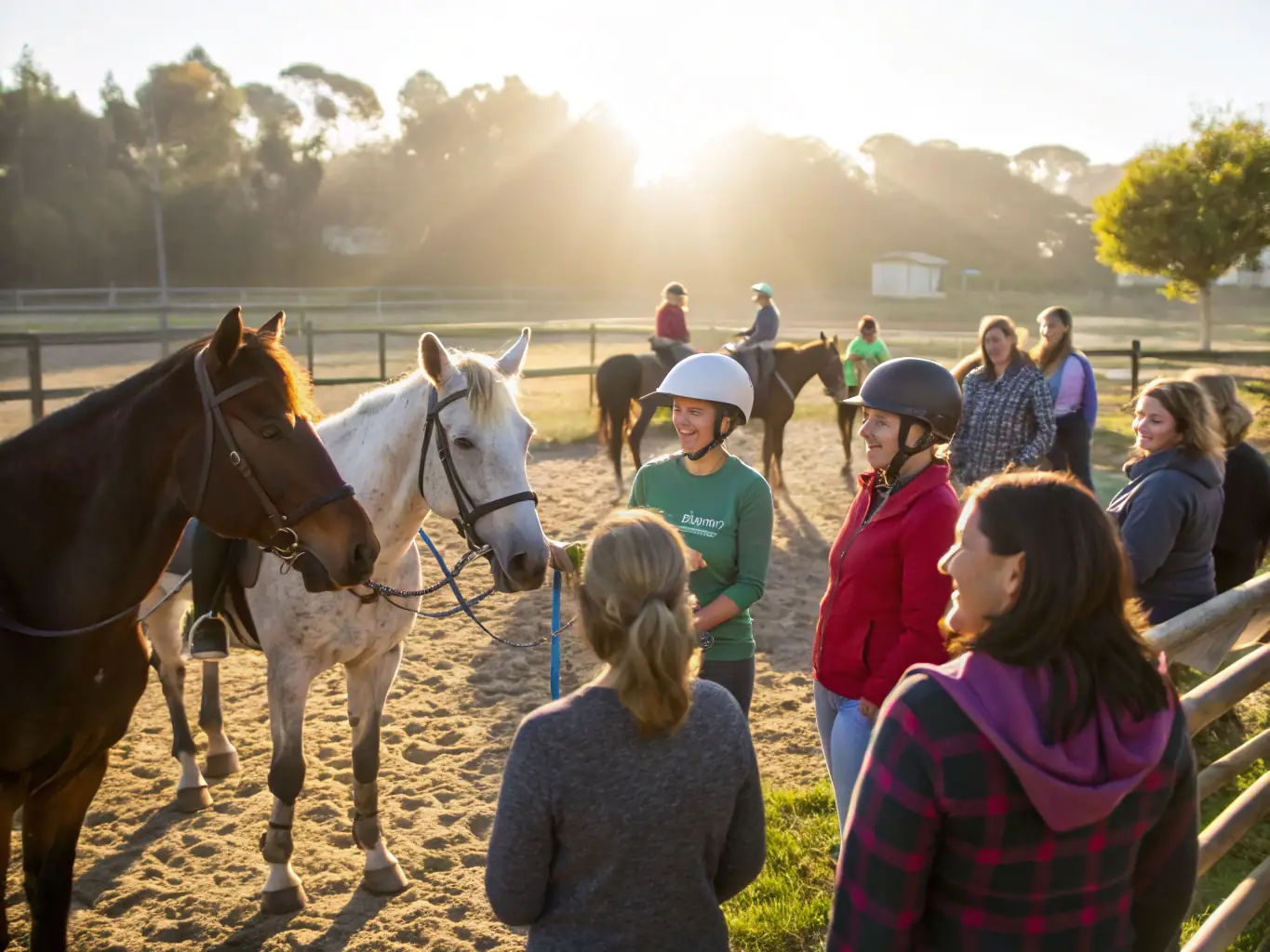 A photograph capturing a group of children and adults, some with disabilities, joyfully participating in an inclusive equestrian workshop at EQUI-VOYAGE. The scene is set in a sunny, outdoor arena with horses and instructors, showcasing the supportive and engaging atmosphere.